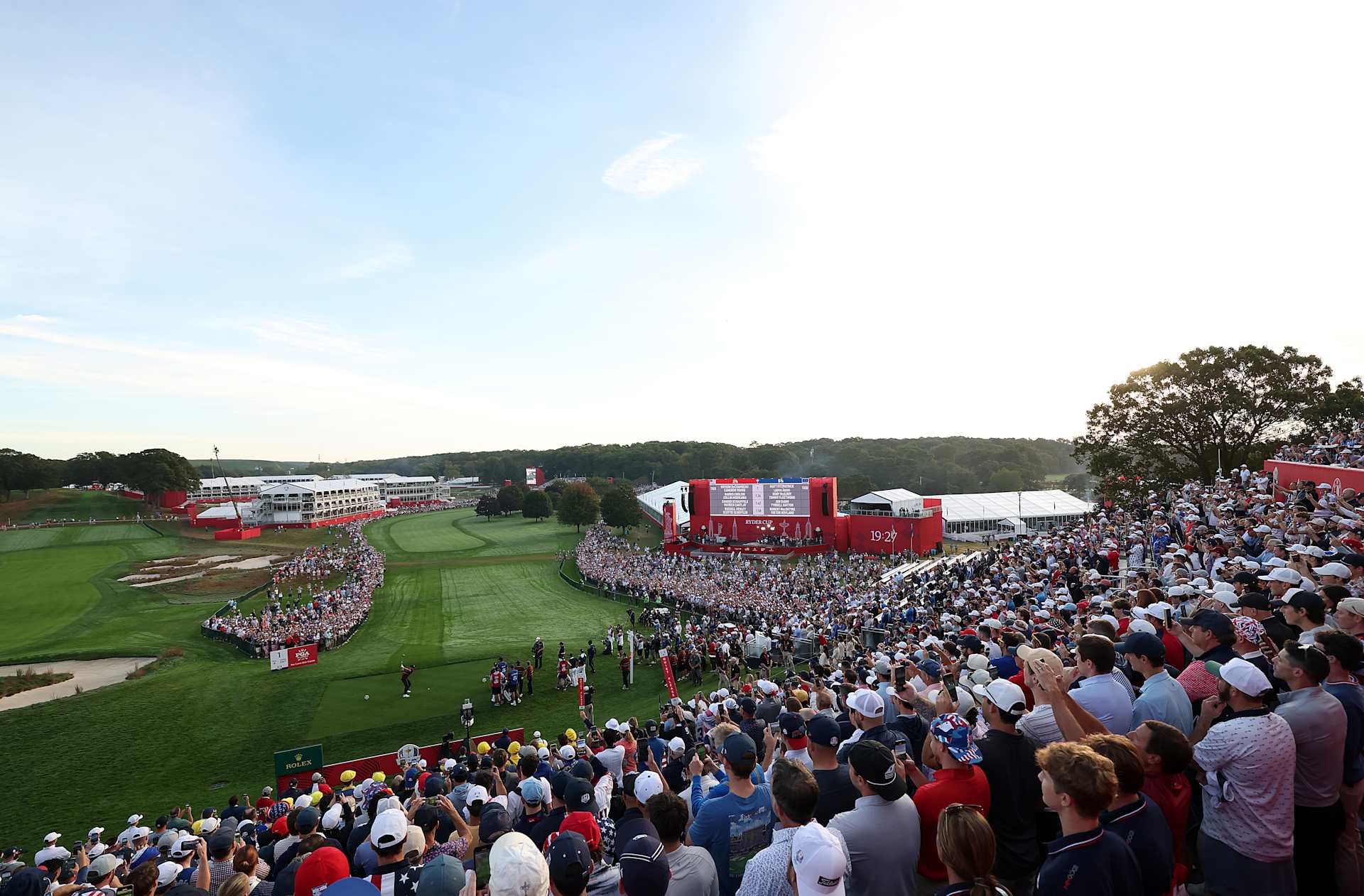 FARMINGDALE, NEW YORK - SEPTEMBER 27: A general view 
as Rory McIlroy of Team Europe plays his shot from the first tee during the Saturday morning foursomes matches of the 2025 Ryder Cup at Black Course at Bethpage State Park Golf Course on September 27, 2025 in Farmingdale, New York. (Photo by Kate McShane/Getty Images)