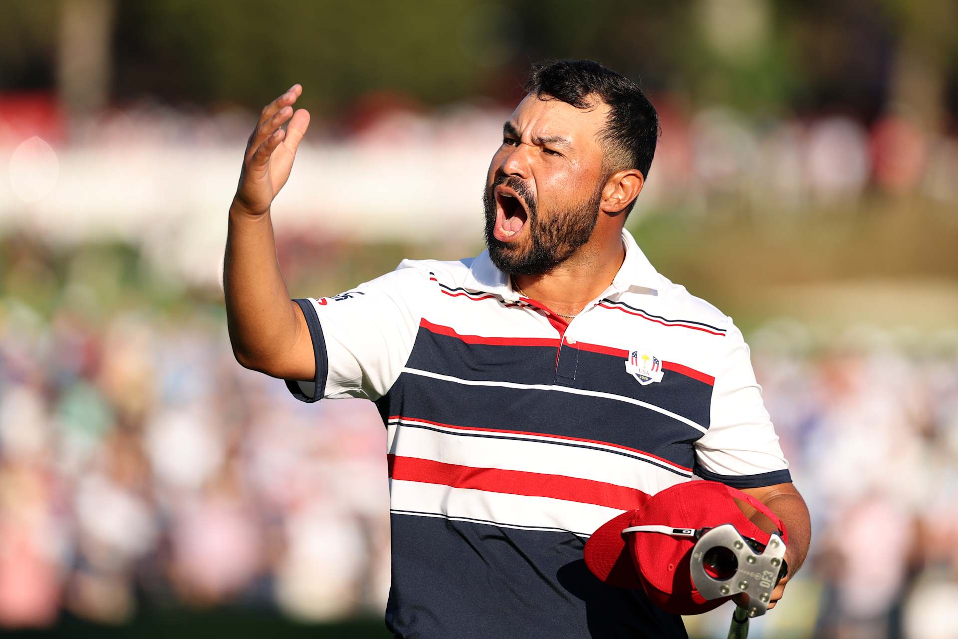 FARMINGDALE, NEW YORK - SEPTEMBER 28: J.J. Spaun of Team United States reacts after defeating Sepp Straka (Not Pictured) of Team Europe 2&1 on the 17th green during the Sunday singles matches of the 2025 Ryder Cup at Black Course at Bethpage State Park Golf Course on September 28, 2025 in Farmingdale, New York. (Photo by Richard Heathcote/Getty Images)