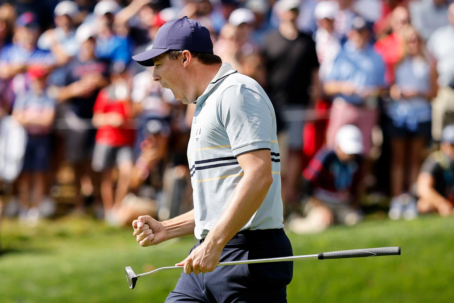 FARMINGDALE, NEW YORK - SEPTEMBER 26: Matt Fitzpatrick of Team Europe celebrates on the 15th green after defeating Russell Henley and Scottie Scheffler of Team United States 5&3 during the Friday morning foursomes matches of the 2025 Ryder Cup at Black Course at Bethpage State Park Golf Course on September 26, 2025 in Farmingdale, New York. (Photo by Michael Reaves/PGA of America/PGA of America via Getty Images)