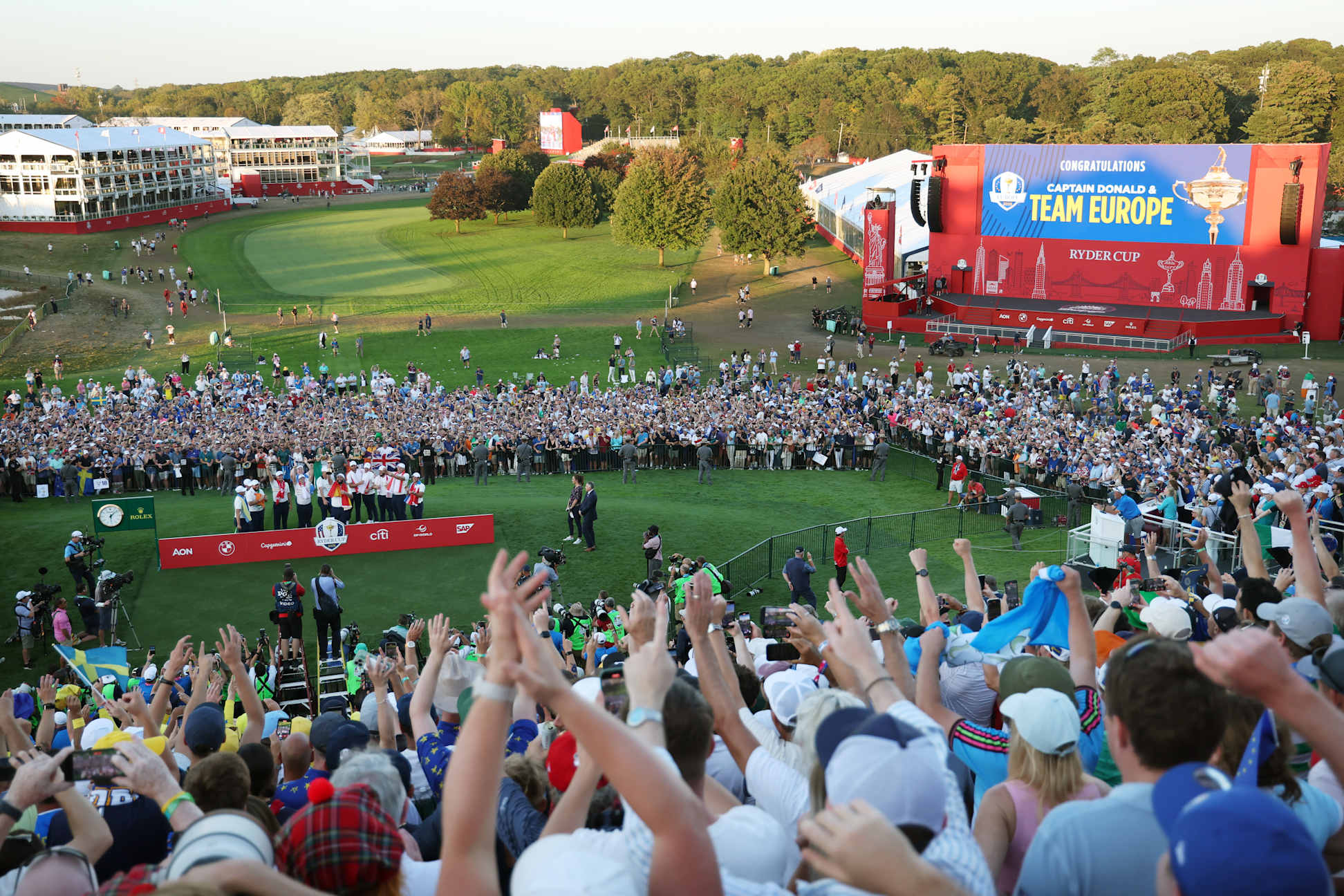 FARMINGDALE, NEW YORK - SEPTEMBER 28: A general view is seen as Jon Rahm of Team Europe lifts the Ryder Cup trophy after their 15-13 win over Team United States during the Sunday singles matches of the 2025 Ryder Cup at Black Course at Bethpage State Park Golf Course on September 28, 2025 in Farmingdale, New York. (Photo by Jamie Squire/Getty Images)